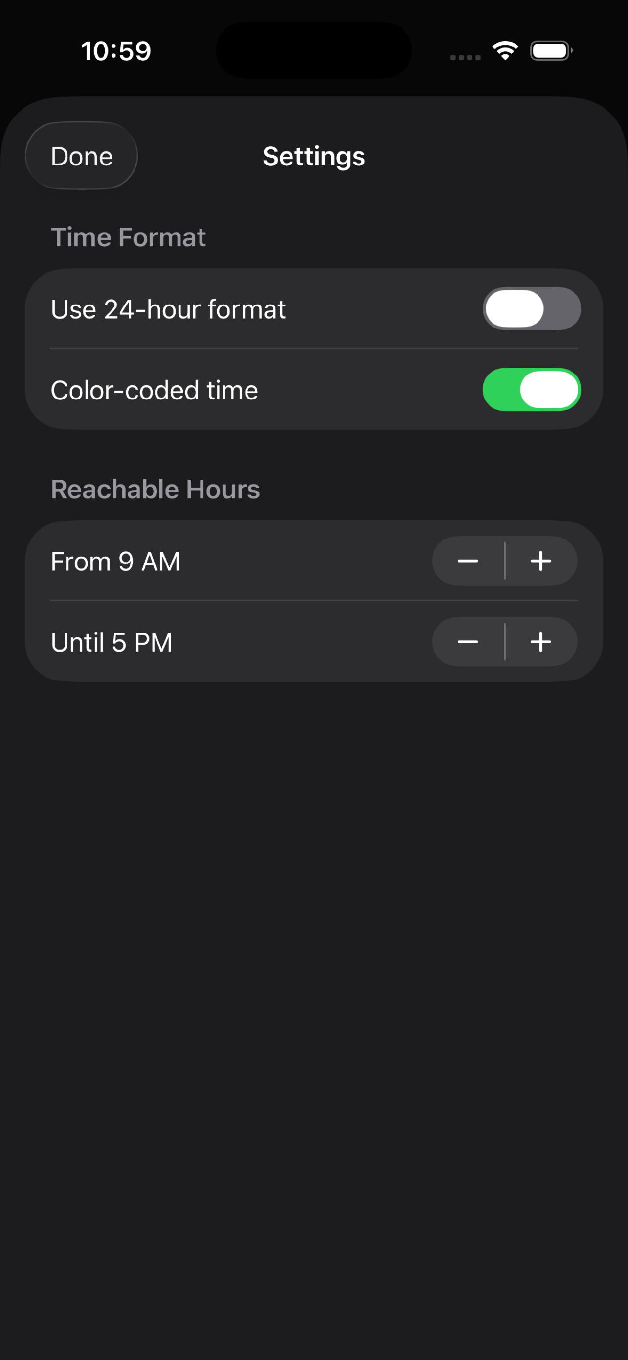 Settings view